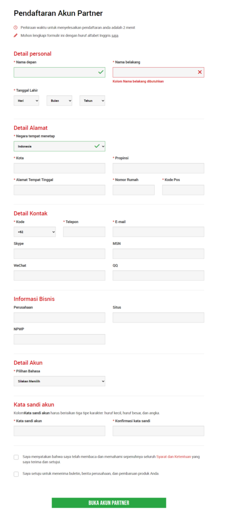 Form Pendaftaran Akun Partner.